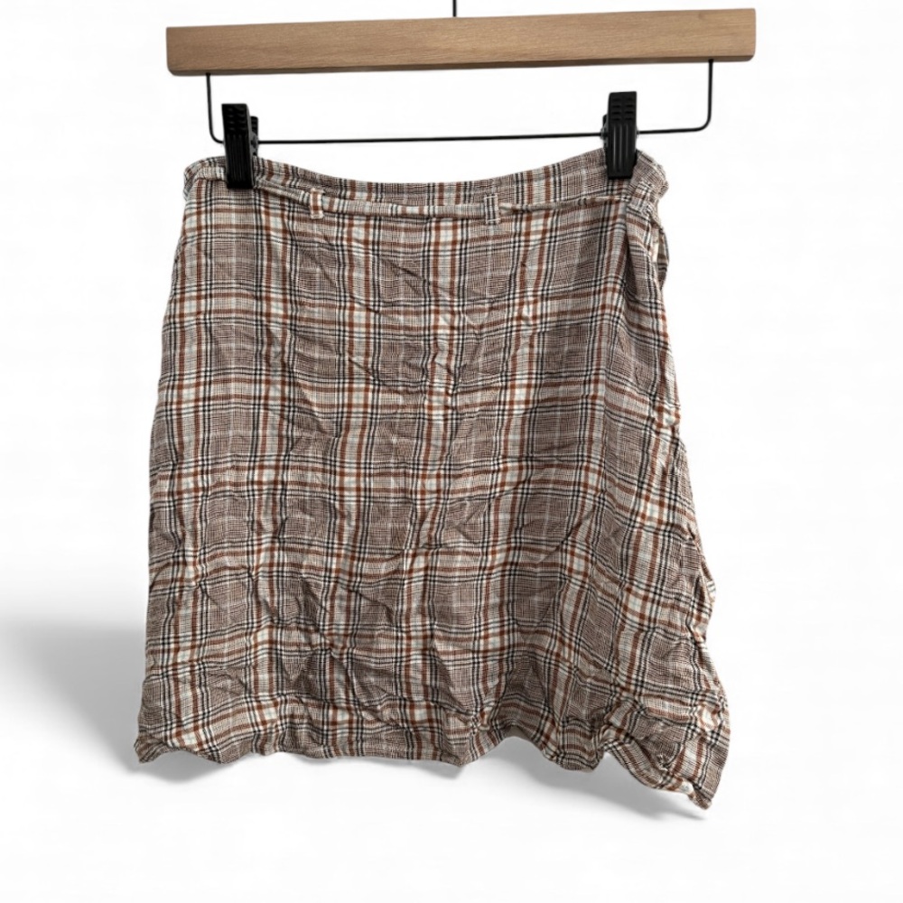 American Eagle Plaid Faux Wrap Mini Skirt Brown‎ Blue Size 0 Academia Preppy